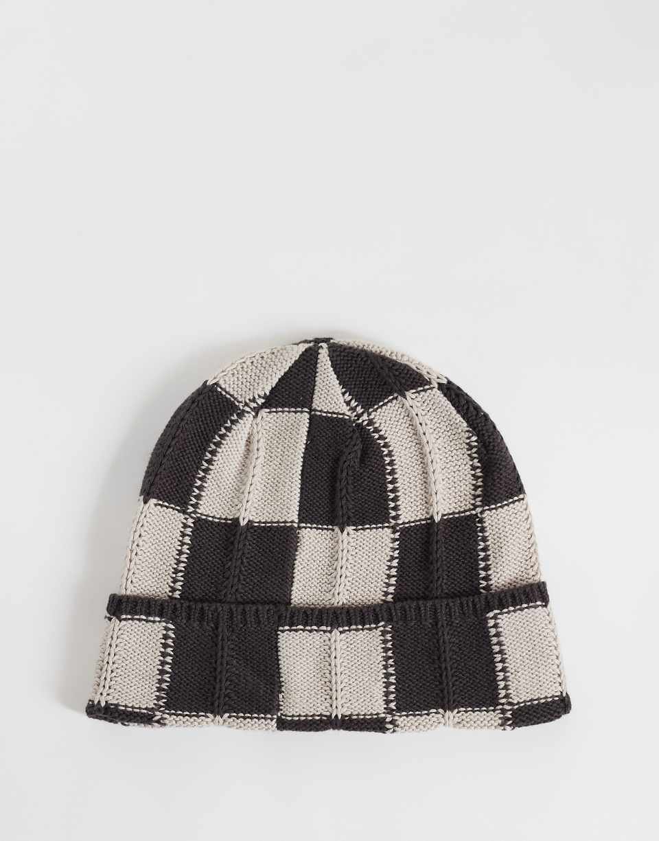 Bonnet en maille à carreaux marron foncé et blanc cassé