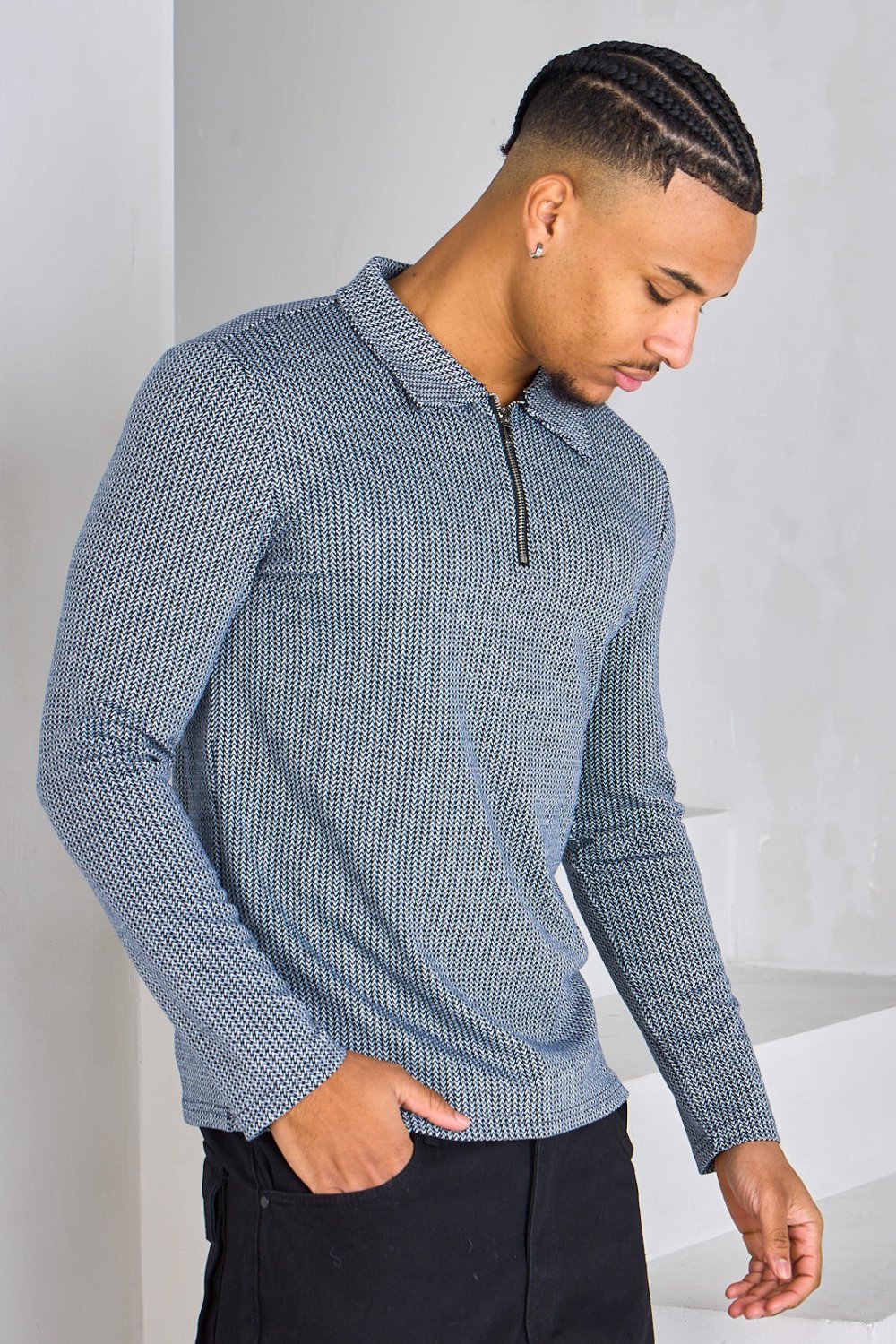 Navy and white chevron zip-neck jumper