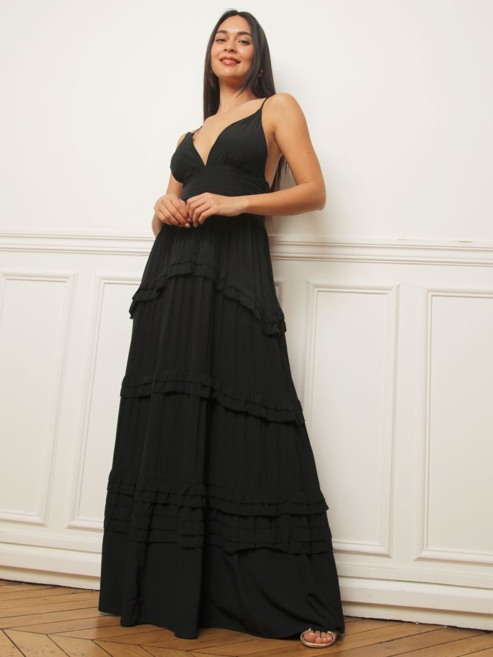 Black draped maxi dress with ruffles