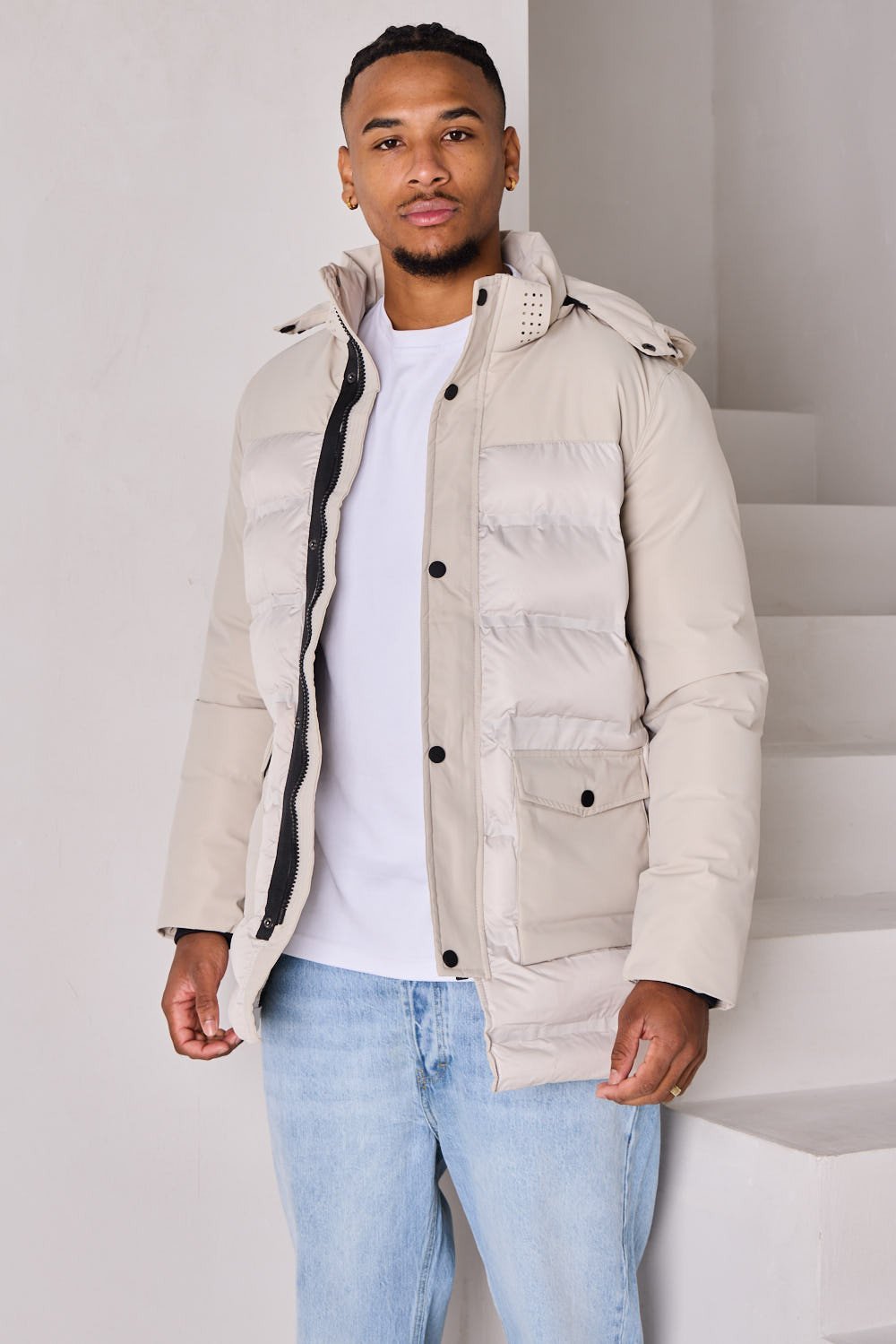 Doudoune jouj tissus b capuche katt7ayed beige