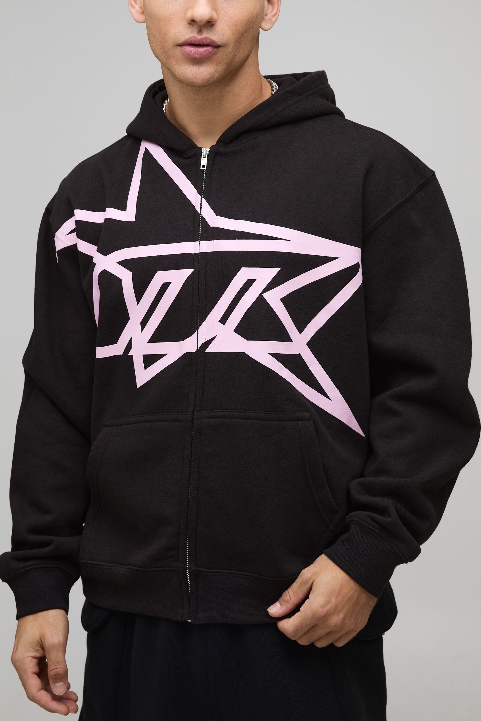 Sweat à capuche zippé oversized à coupe boxy et imprimé étoilé
