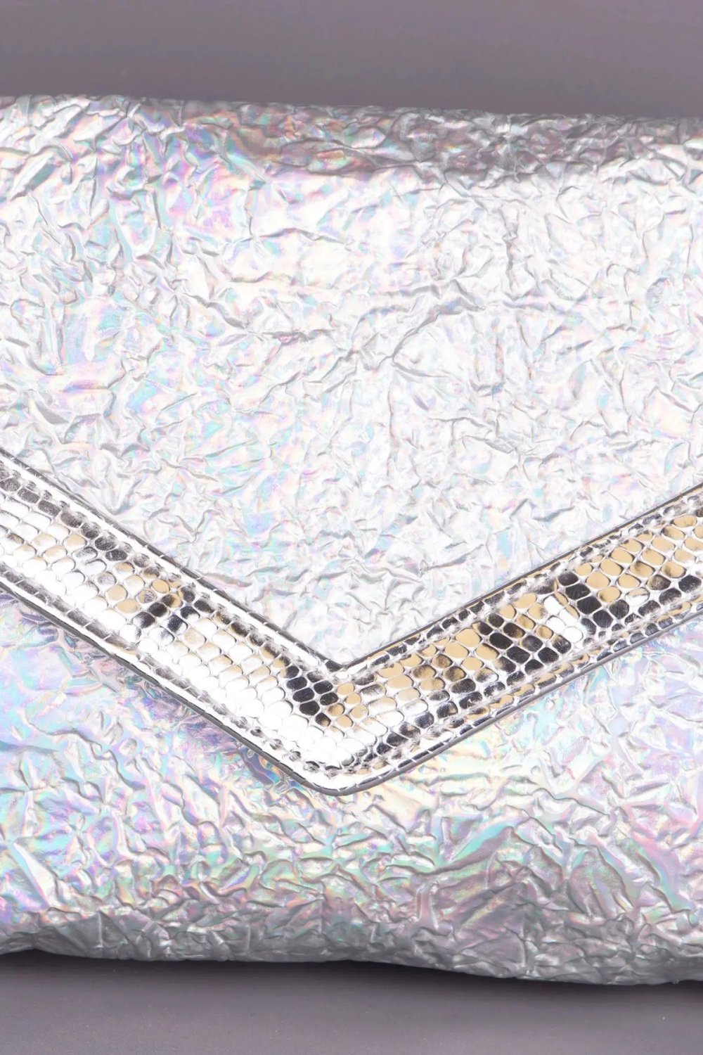 Holographic silver envelope clutch