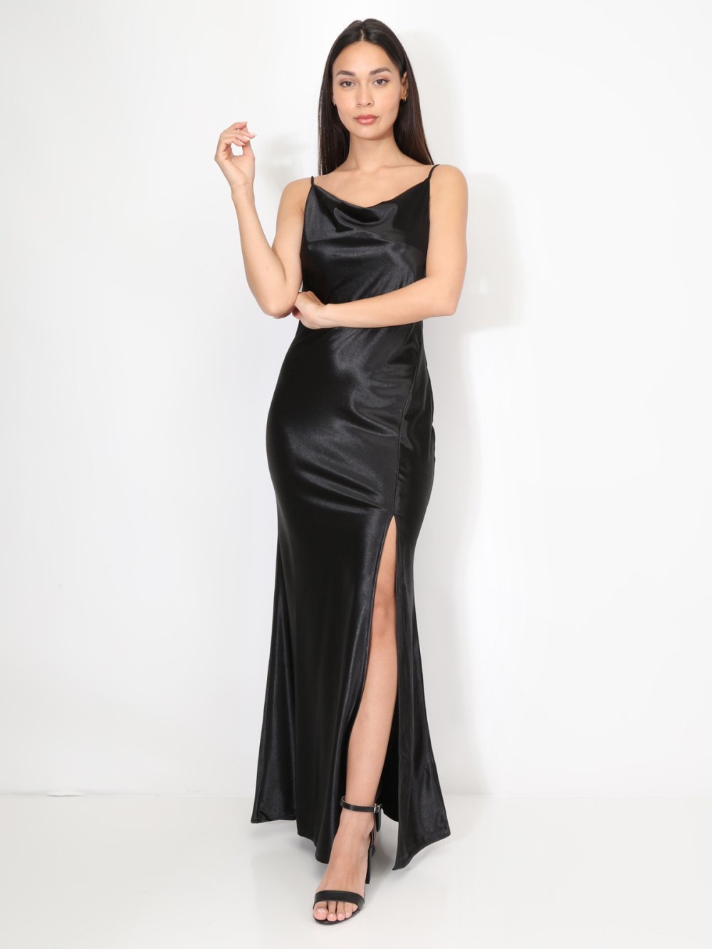Black satin maxi dress with cowl neck and split
