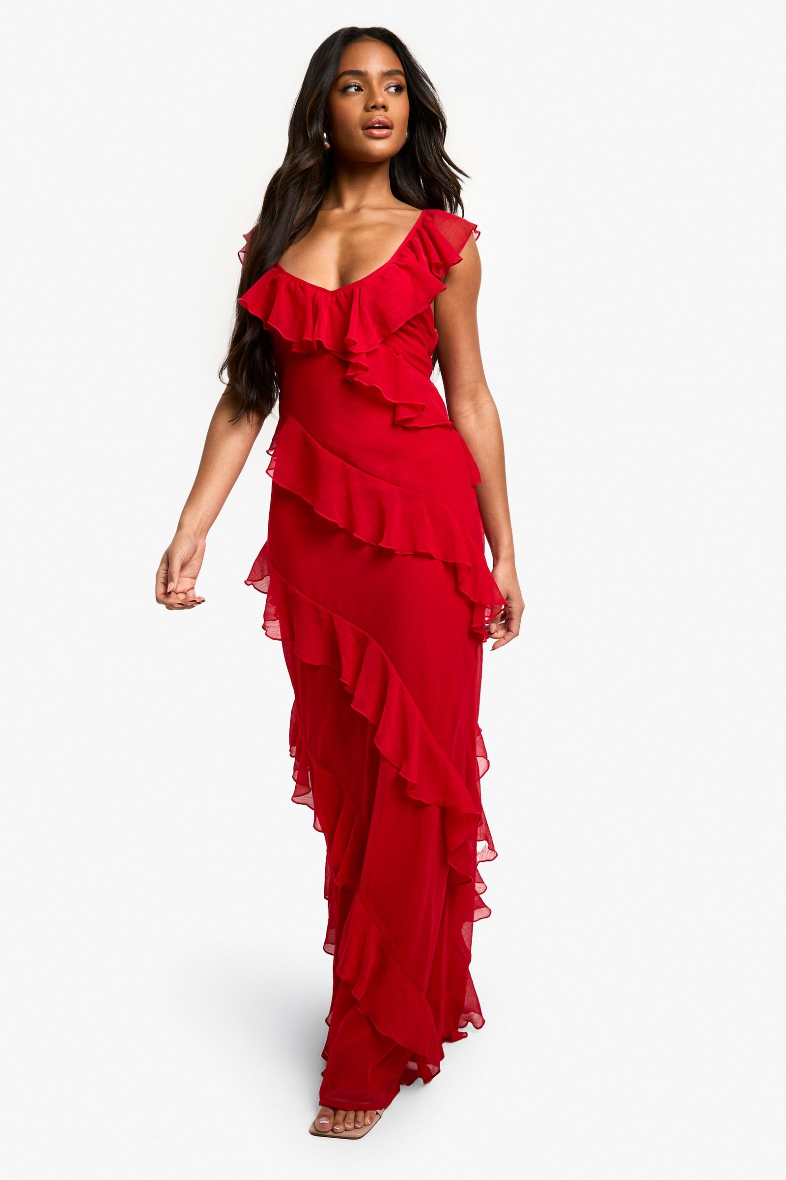 Chiffon Ruffle Strappy Maxi Dress