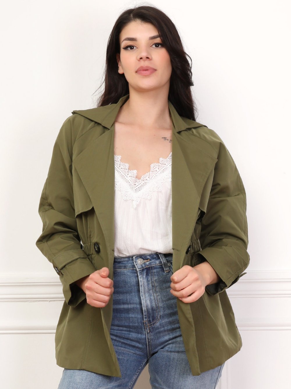 Khaki short trench with elasticated waist