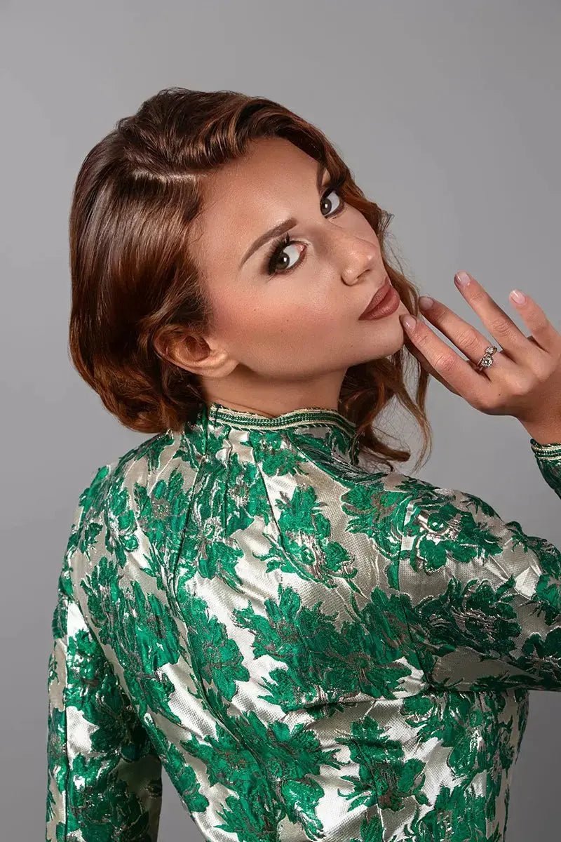 Gold brocade and pine green satin kaftan