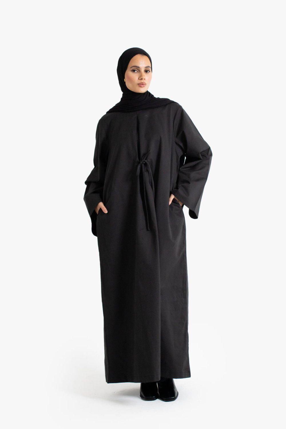 Tie-front cotton twill abaya - Black