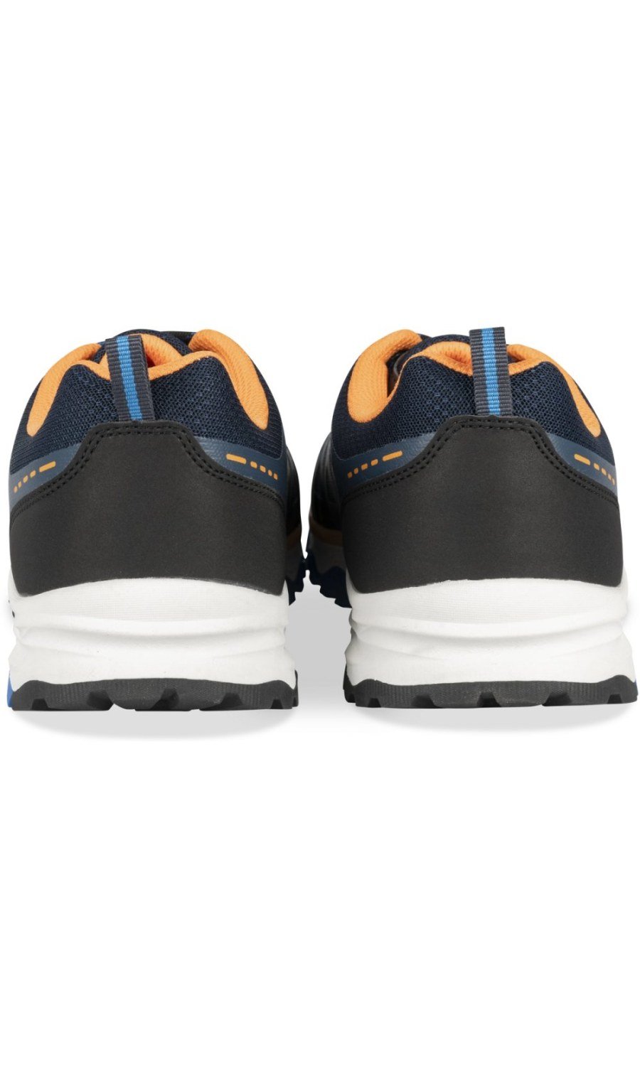 Navy and orange trail-style sneakers with lug sole