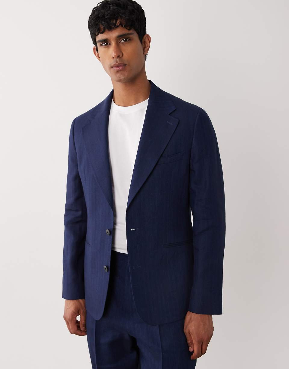 Veste de costume ajustée en lin mélangé de qualité supérieure - Bleu marine