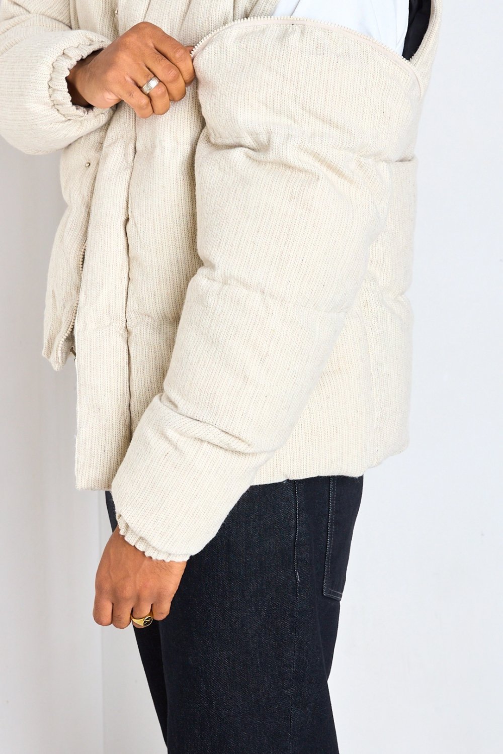Beige striped padded jacket with high neck