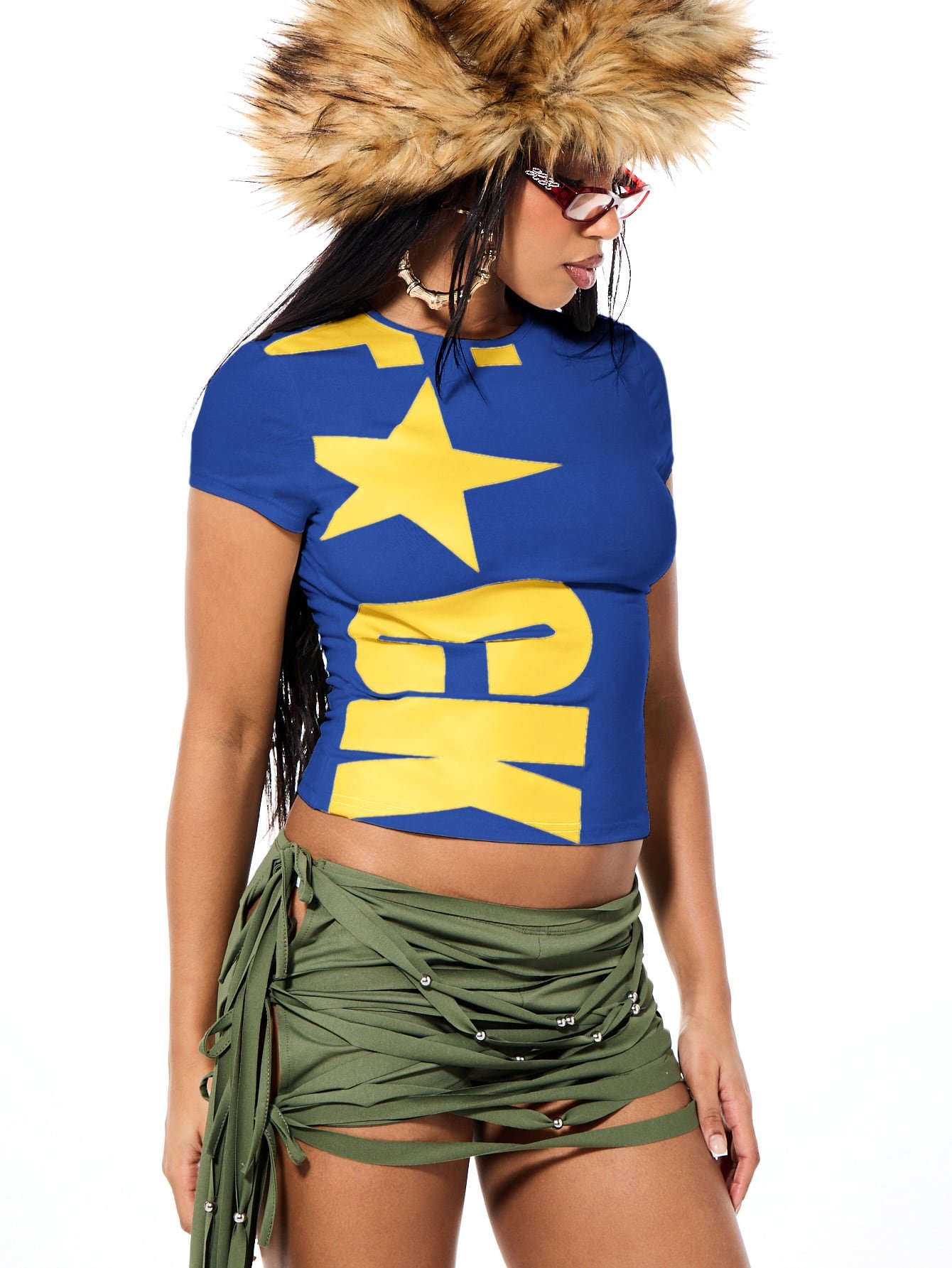 T-Shirt Court Bleu Royal Avec Imprimé Graffiti D'étoile Jaune Surdimensionné