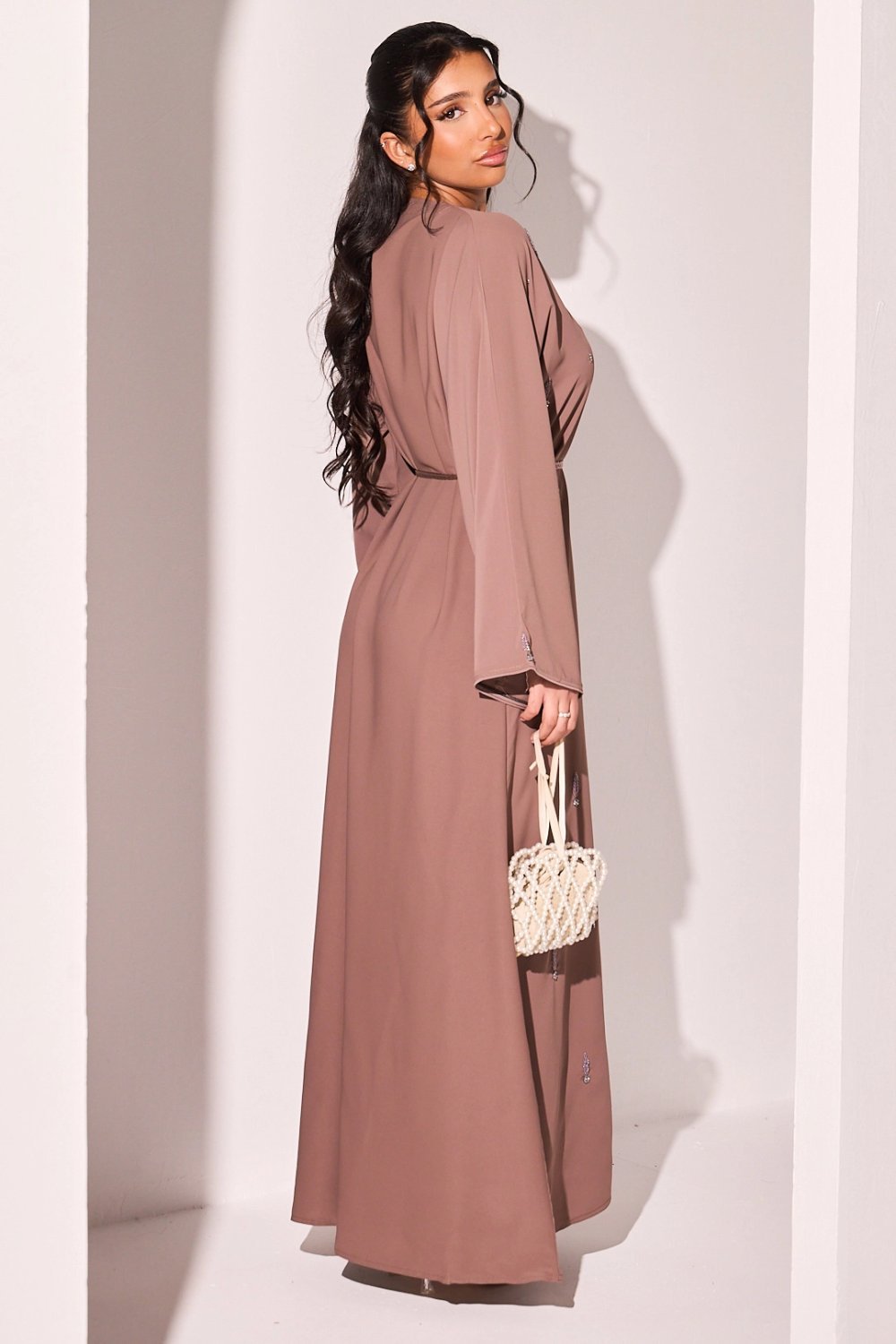 Brown abaya with ear and flower rhinestones