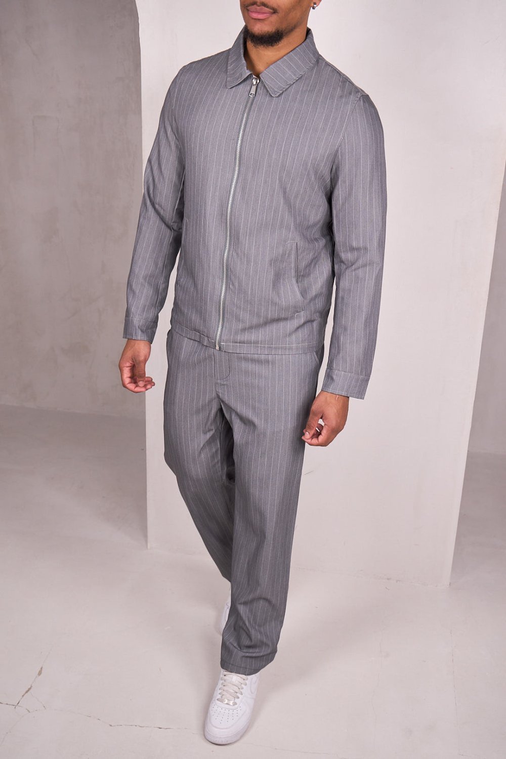 Grey striped zip jacket and trousers set