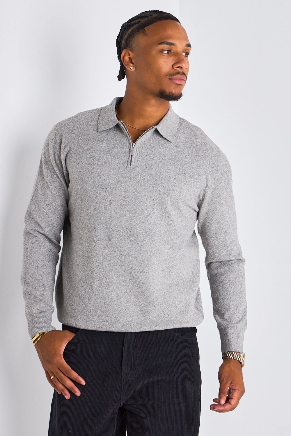 Pull demi-zip à col rabat gris