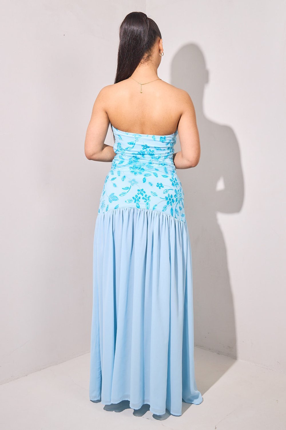 Sky blue flared beaded strapless dress with split