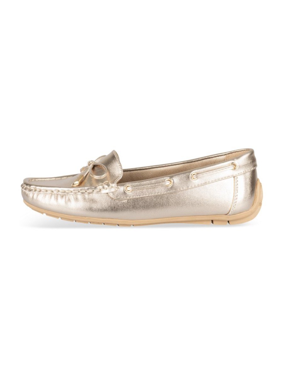 Gold metallic loafers with bow