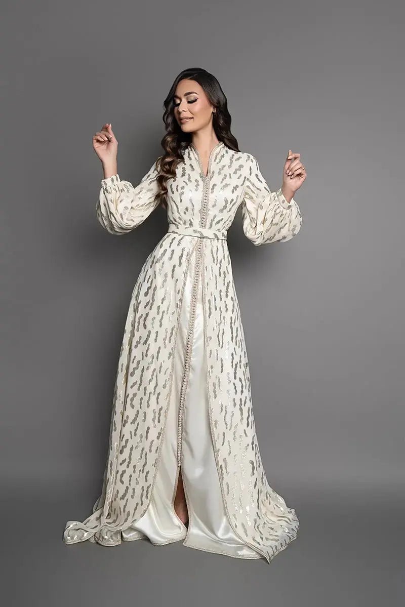 Swan-neck caftan with puff sleeves in ivory