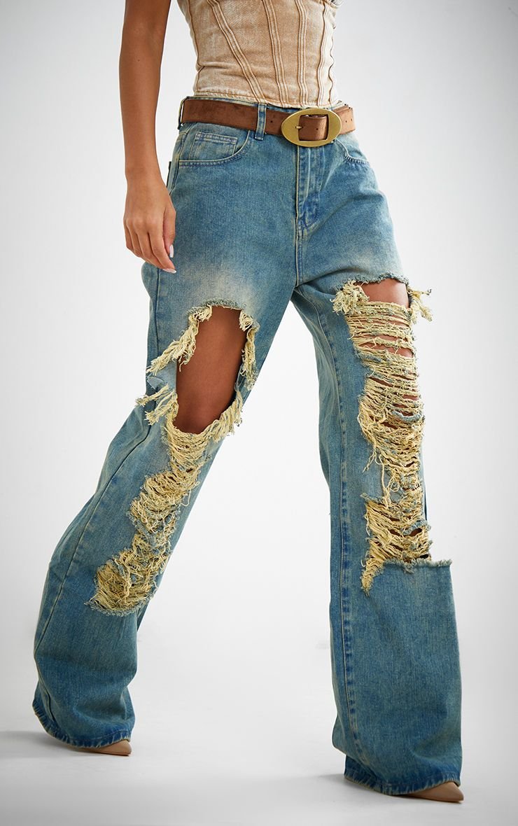 Extreme ripped front straight leg jeans