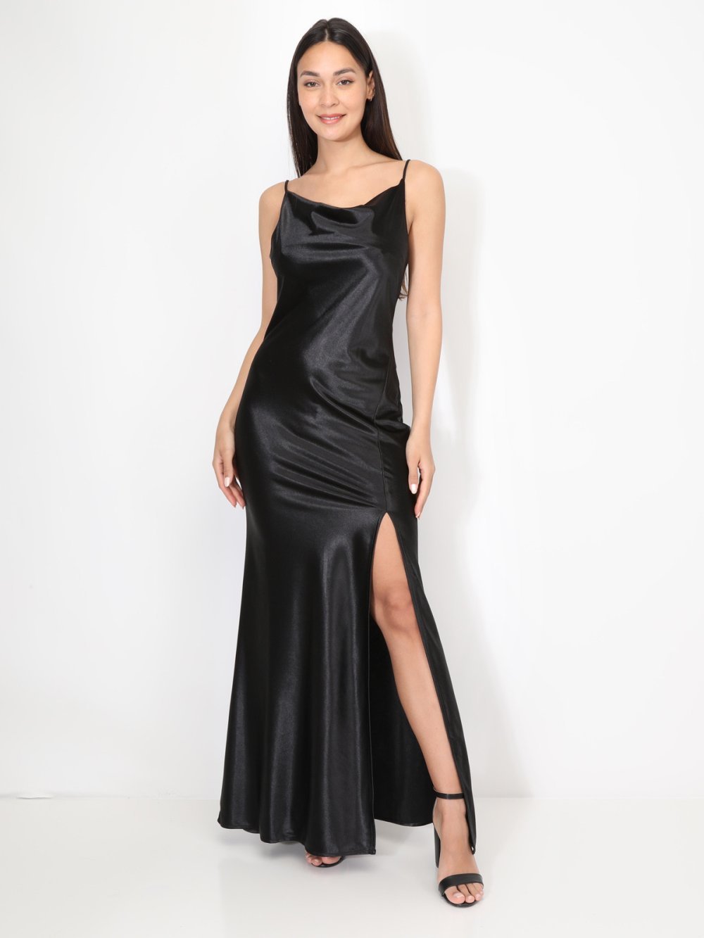 Black satin maxi dress with cowl neck and split