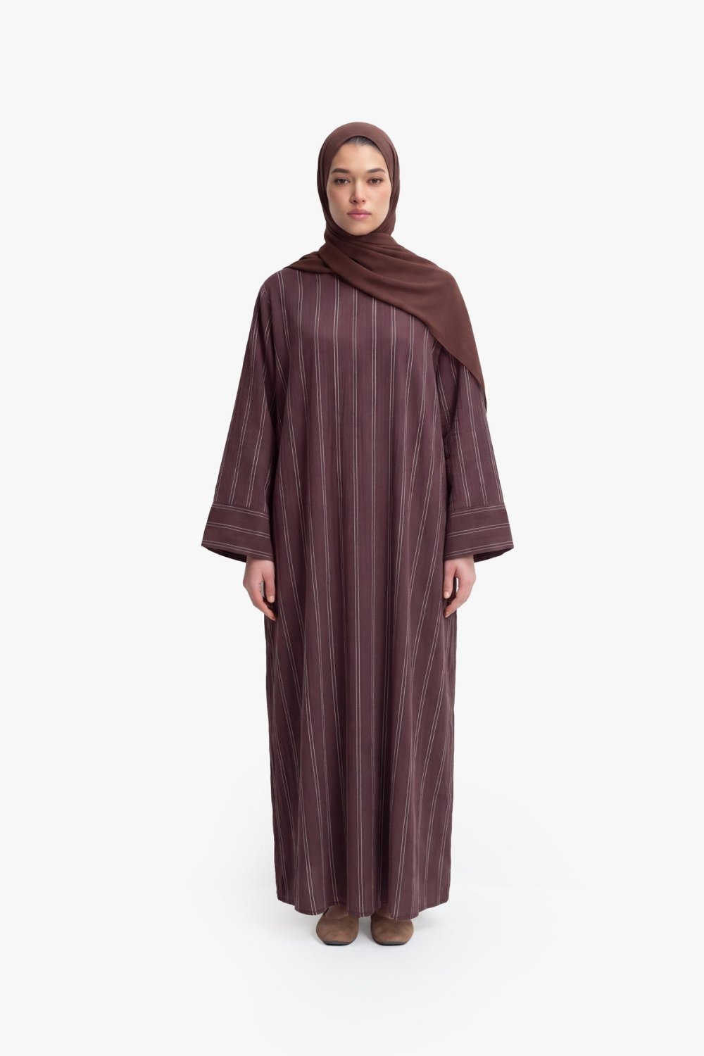 عباية كيمونو قطنية مخططة - بني