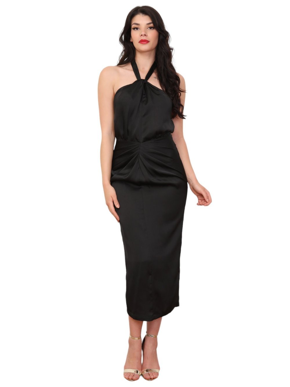 Robe satin mfroncée b col m3qoud k7la