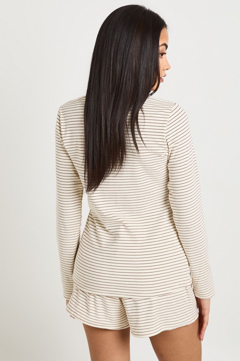 Cream striped ribbed top and shorts pyjama set