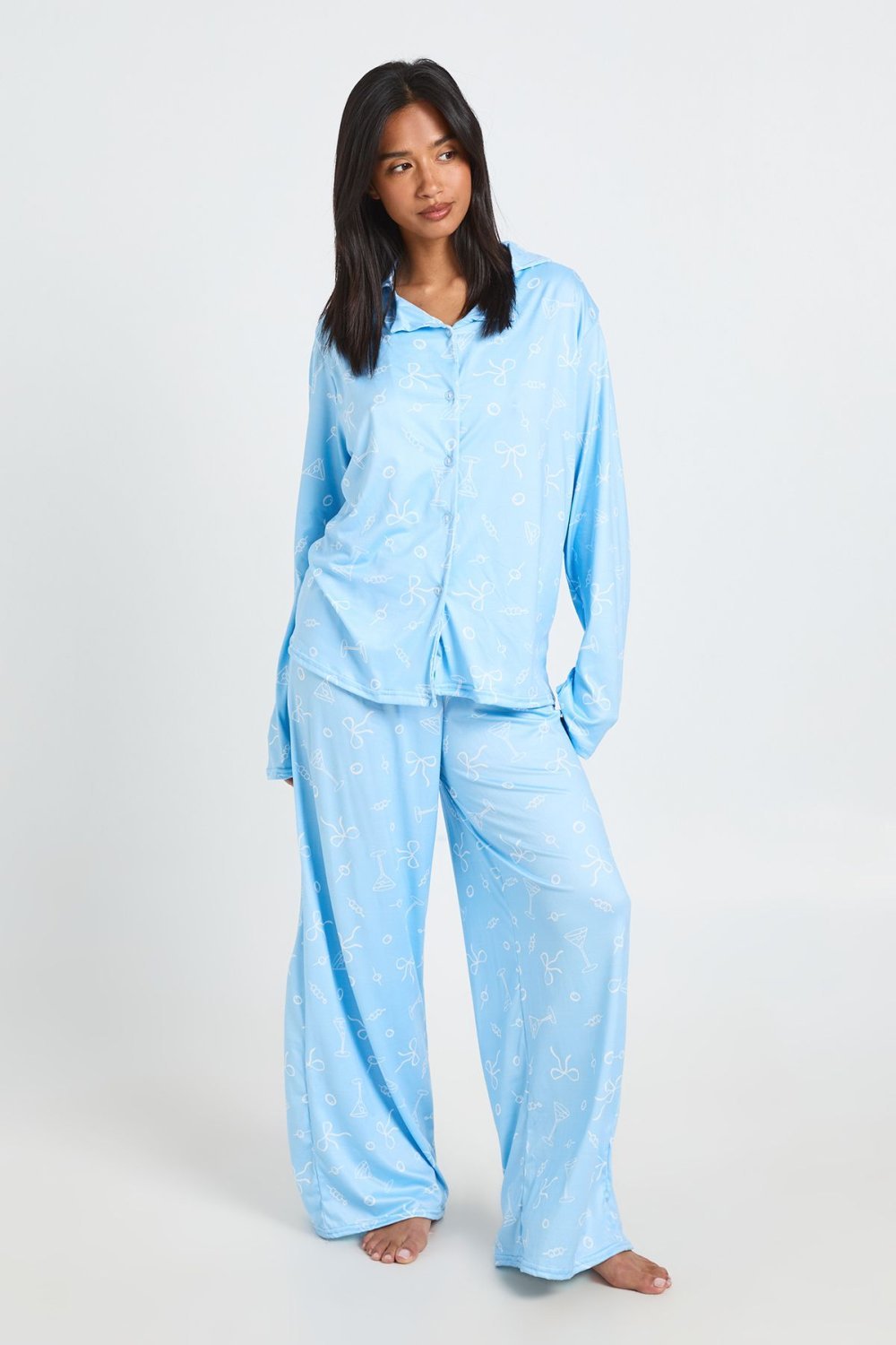 Blue bow print shirt and trouser pyjama set - Petite