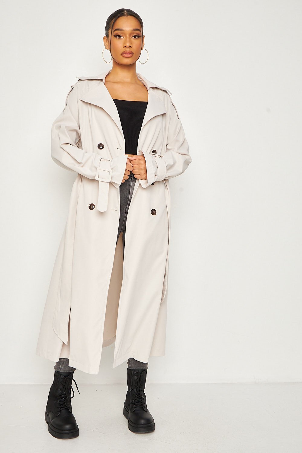 Beige plain belted trench coat