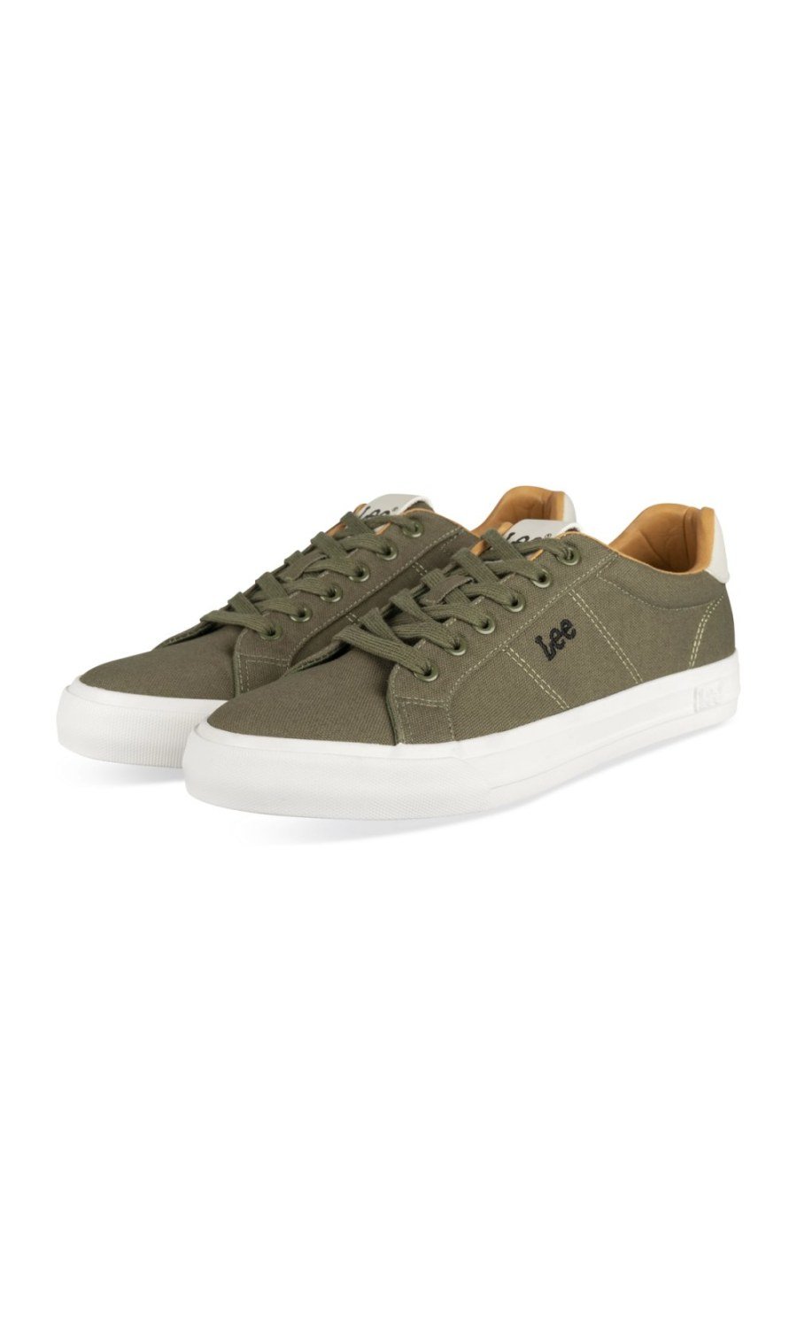 Khaki canvas trainers, tan collar