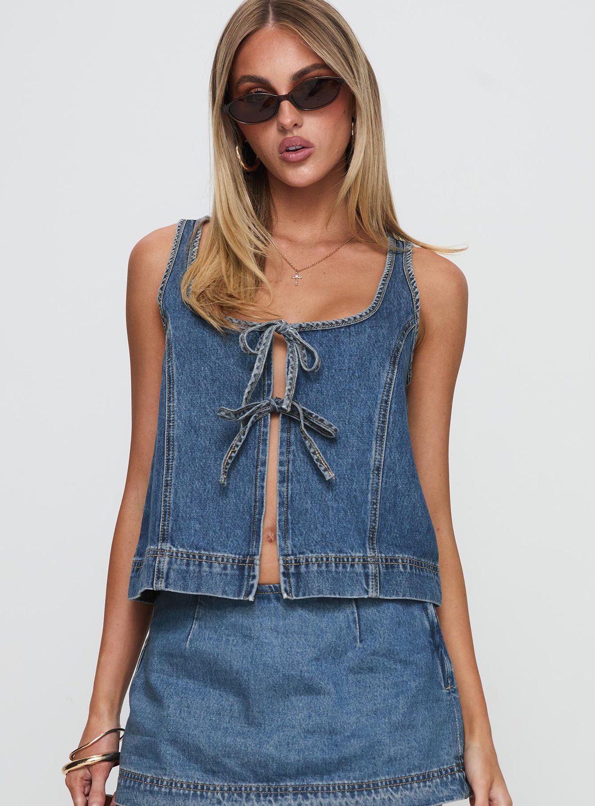 Square neck denim tie top