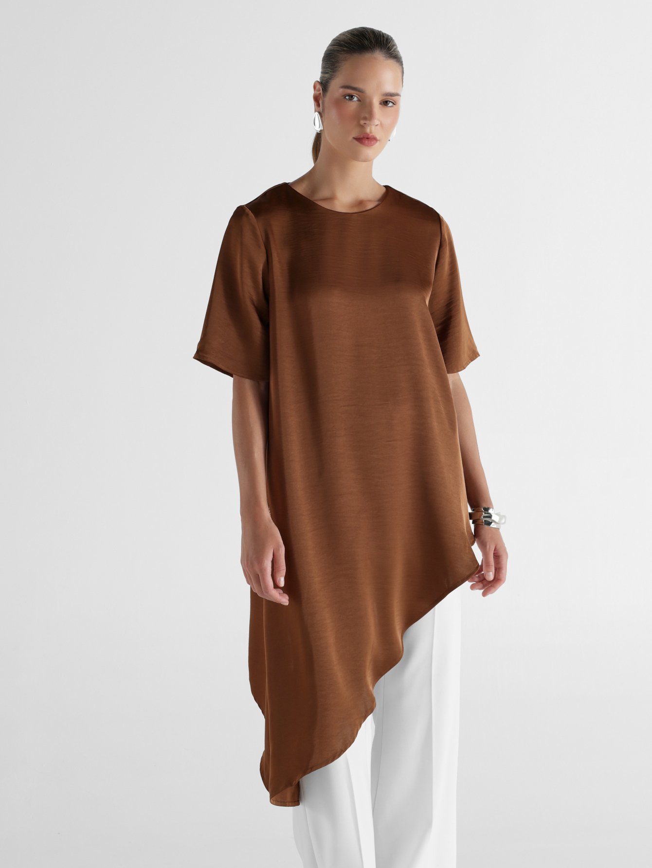 Oversized satin tunic blouse with asymmetric hem