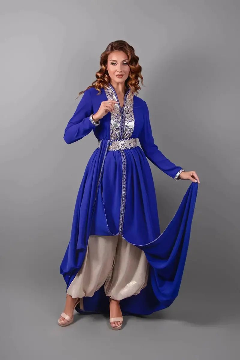 Royal blue kaftan with gold lamé trousers