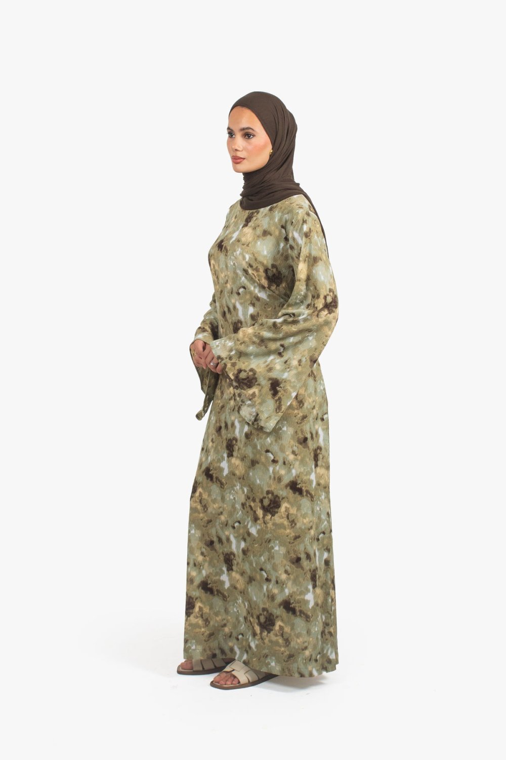 Wide-sleeve print abaya - Khaki