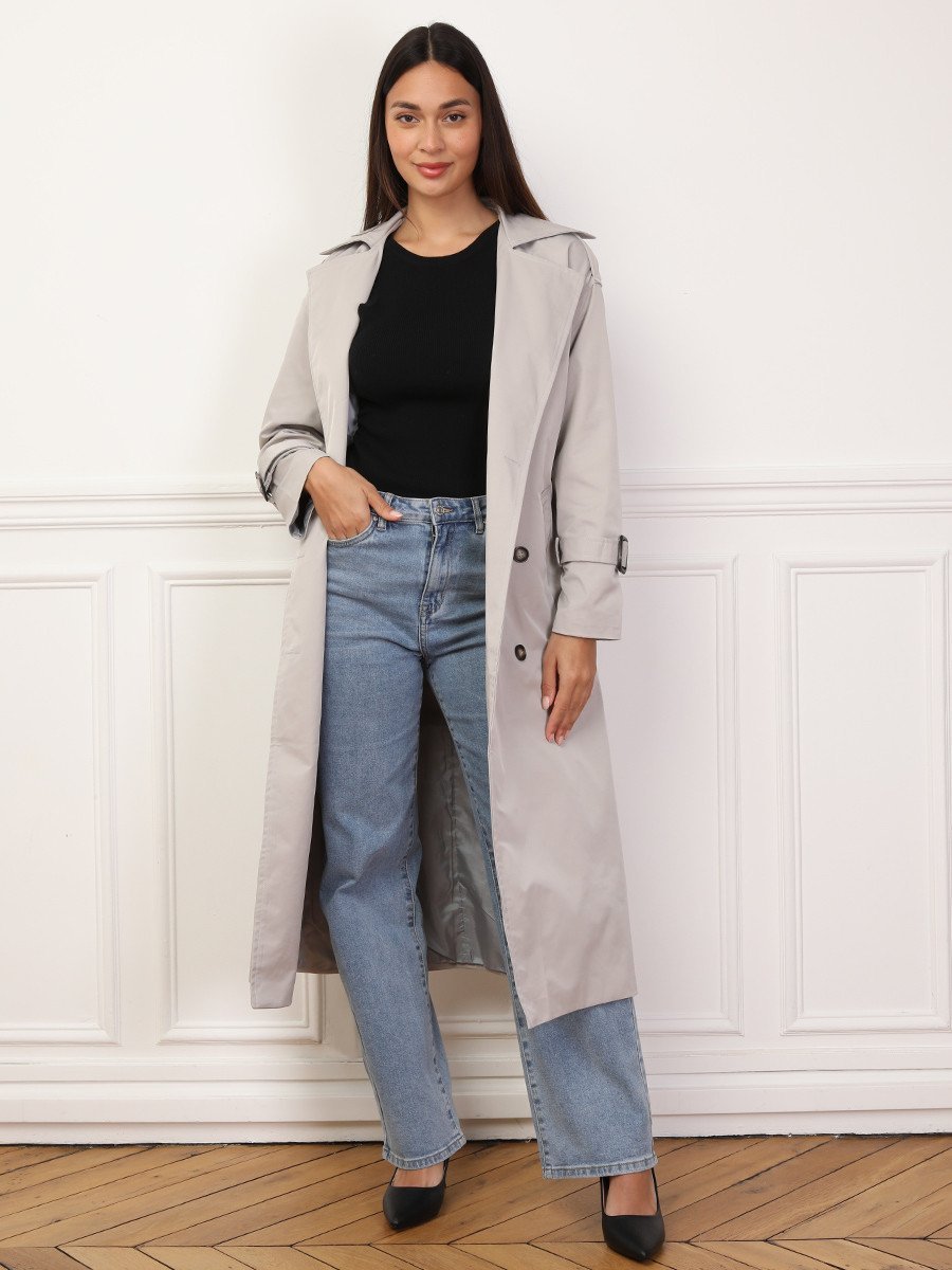 Light grey double-breasted belted midi trench
