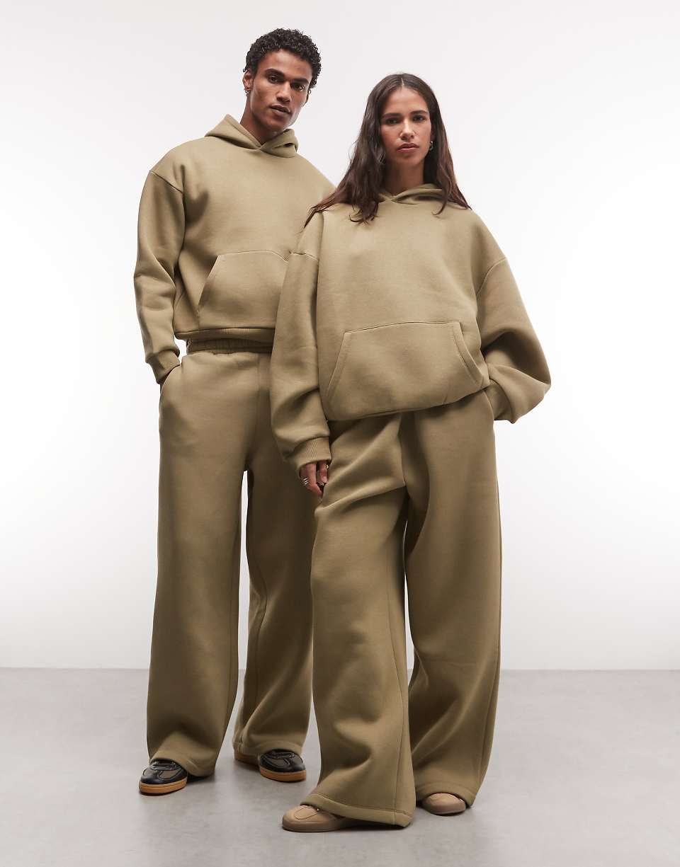 Hoodie unisexe épais coupe carrée coordonné kaki