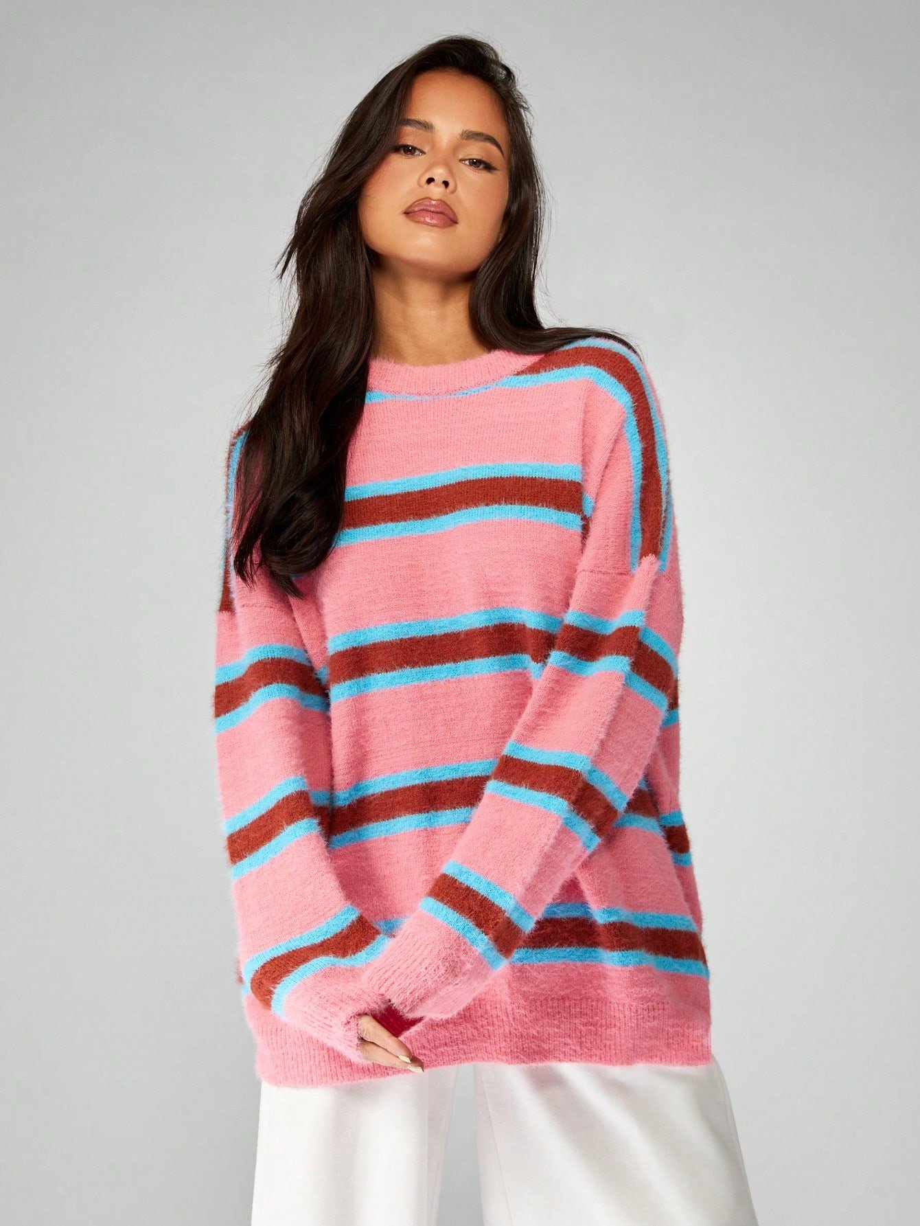Pull oversize rayé en maille à manches longues