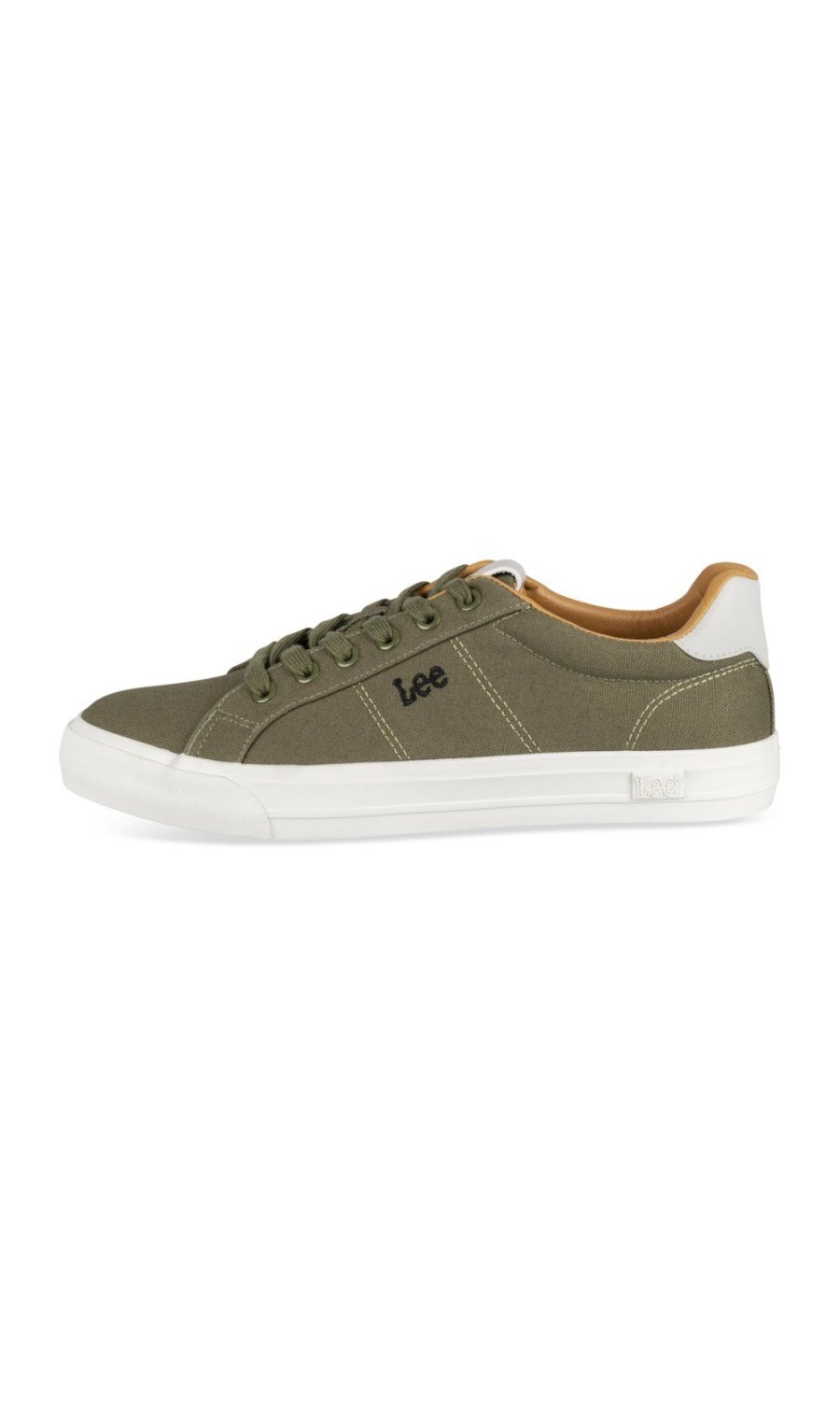 Khaki canvas trainers, tan collar