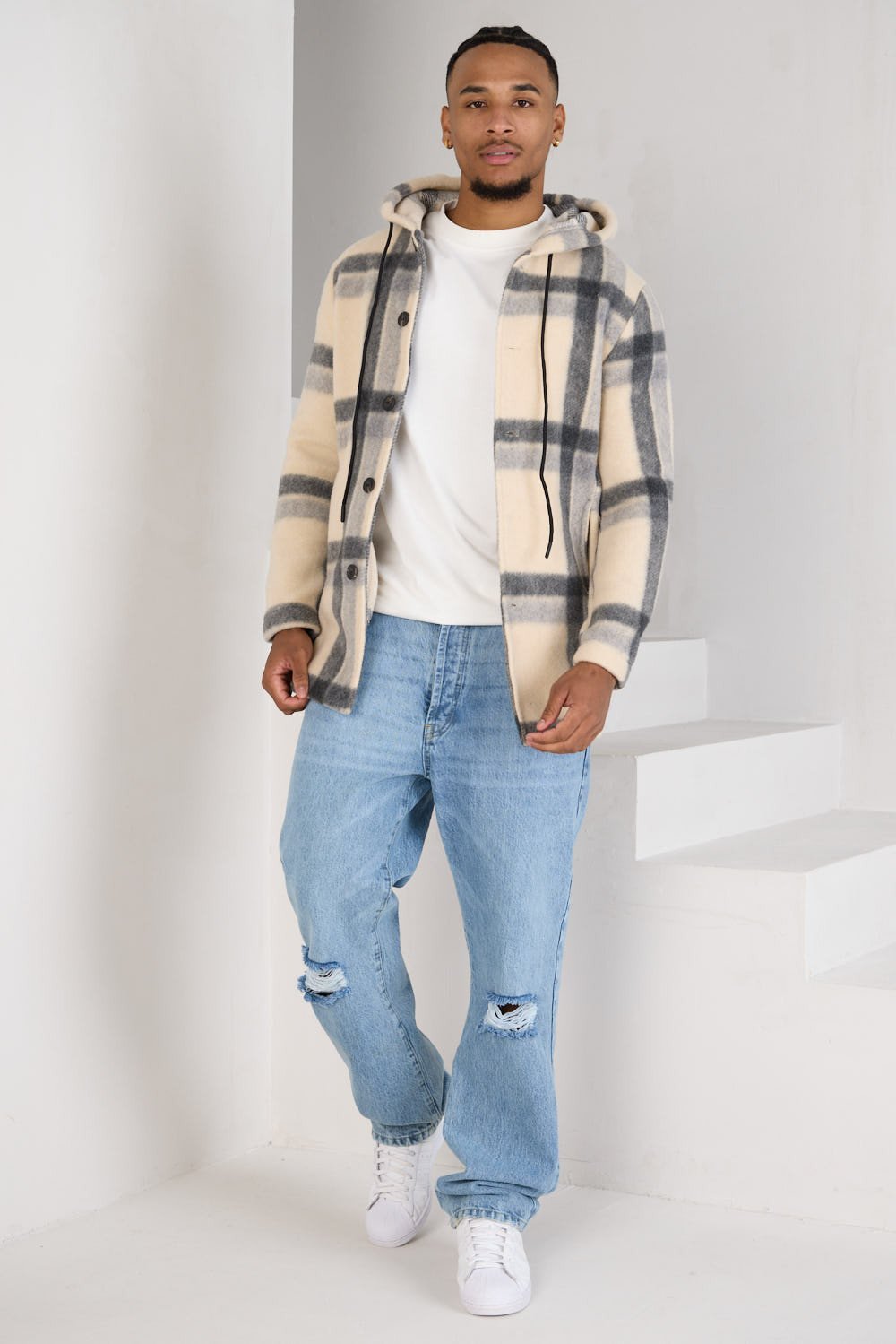 Ecru fleece jacket with grey stripes