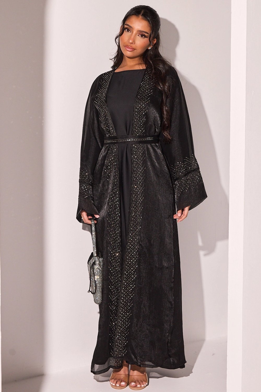 Ensemble abaya w kimono voile b strass k7el