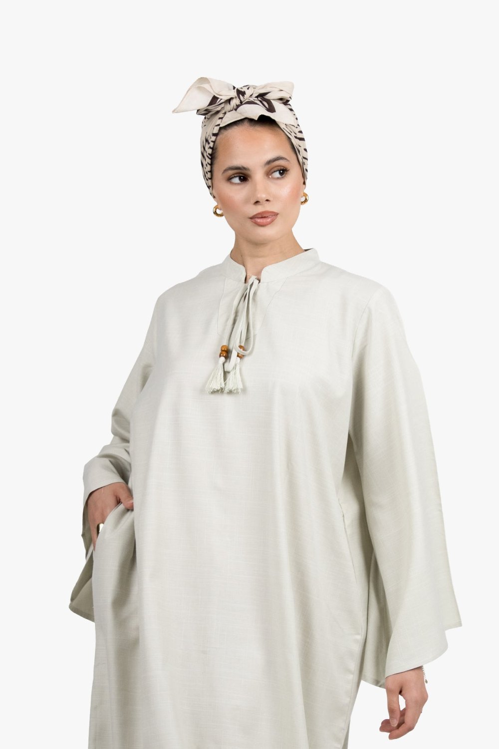 Beaded tassel abaya - Pale sage
