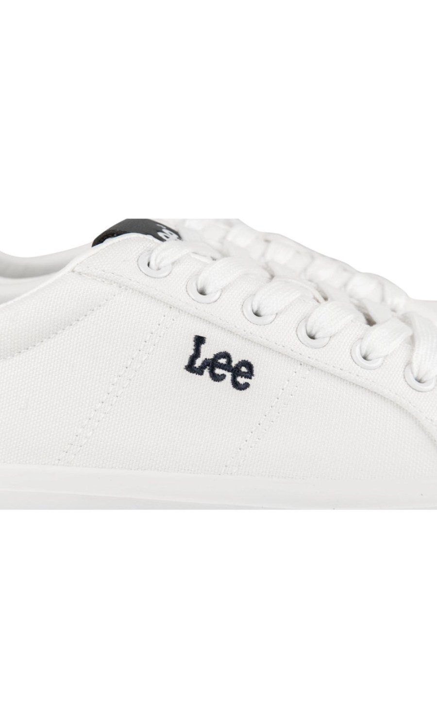 White canvas trainers, navy heel tab