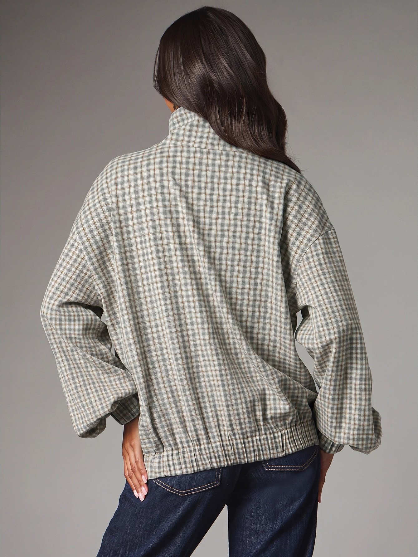 Zip-Up Check Bomber Jacket With Elasticated Hem