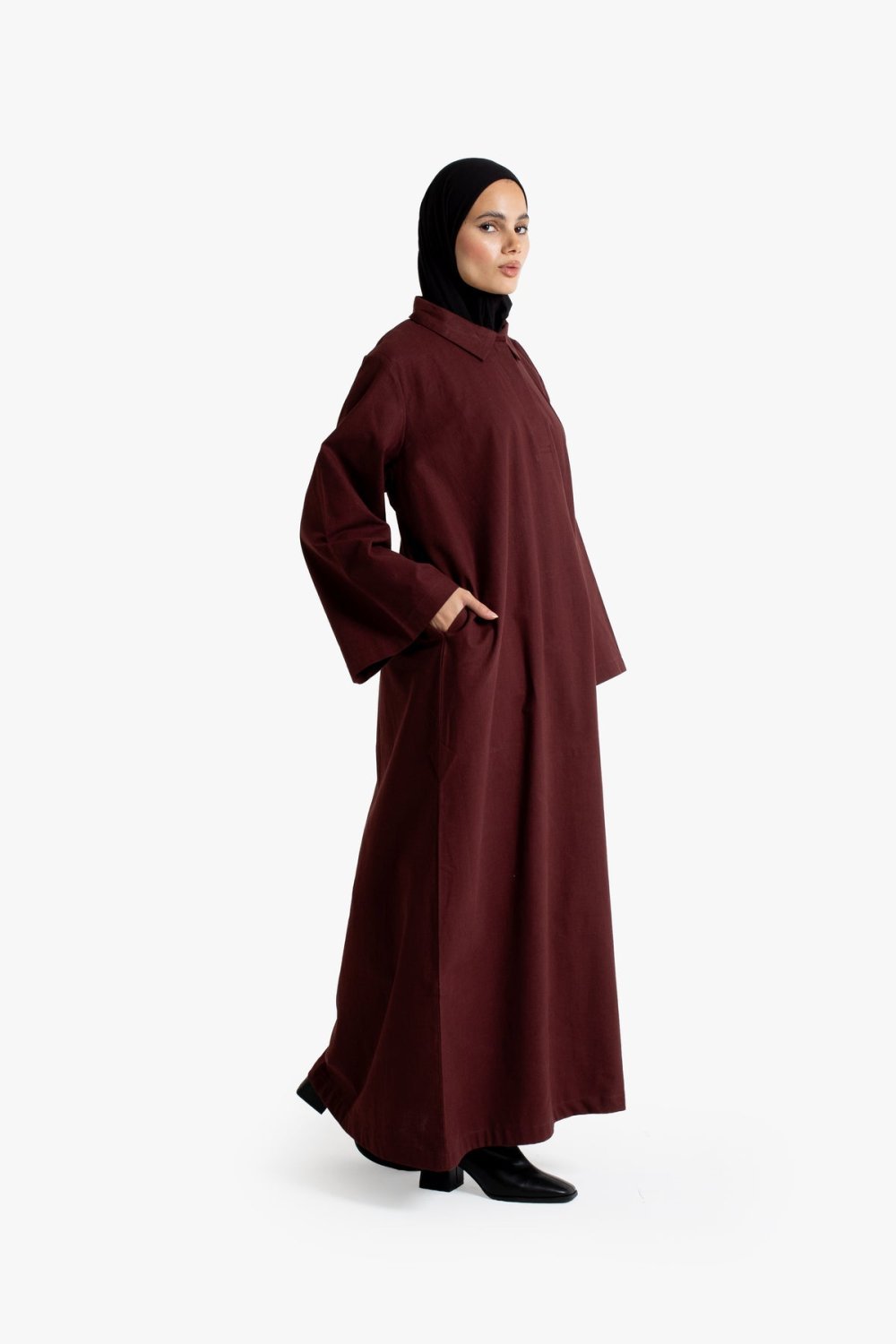 Abaya à col chemise en coton texturé - Bordeaux