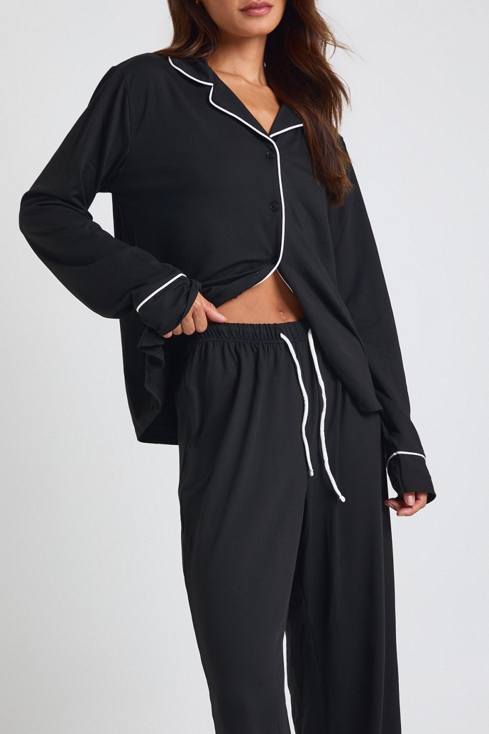 Pyjama chemise et pantalon en jersey à passepoil - Tall