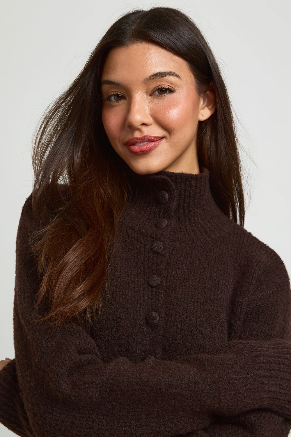 Cardigan col montant boutonné chocolat