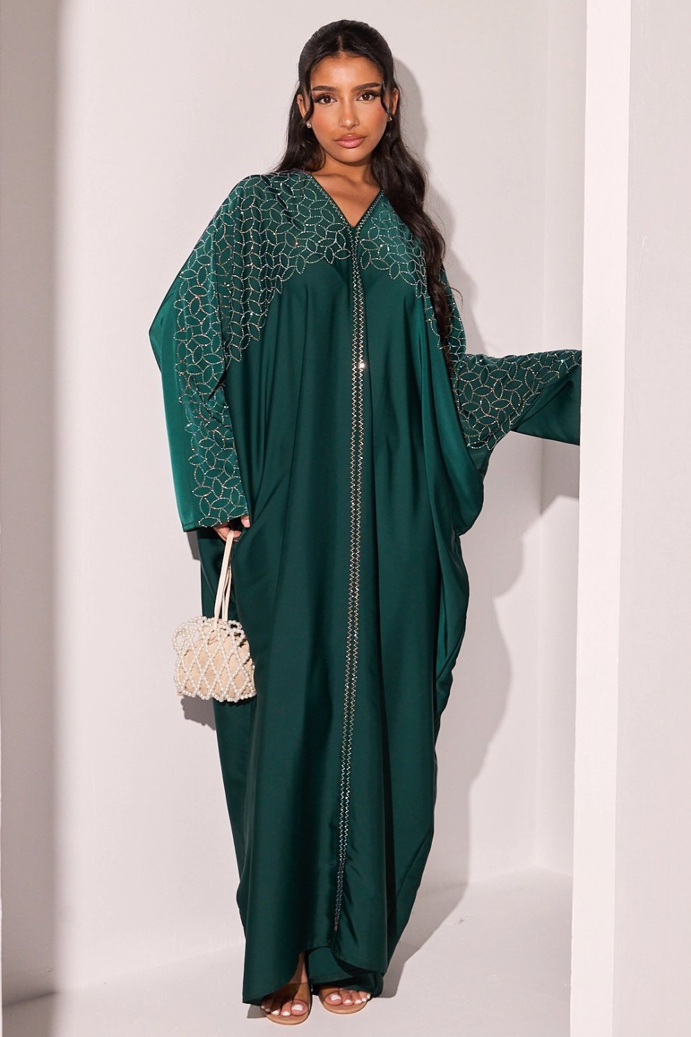 Dark green abaya with leaf rhinestones