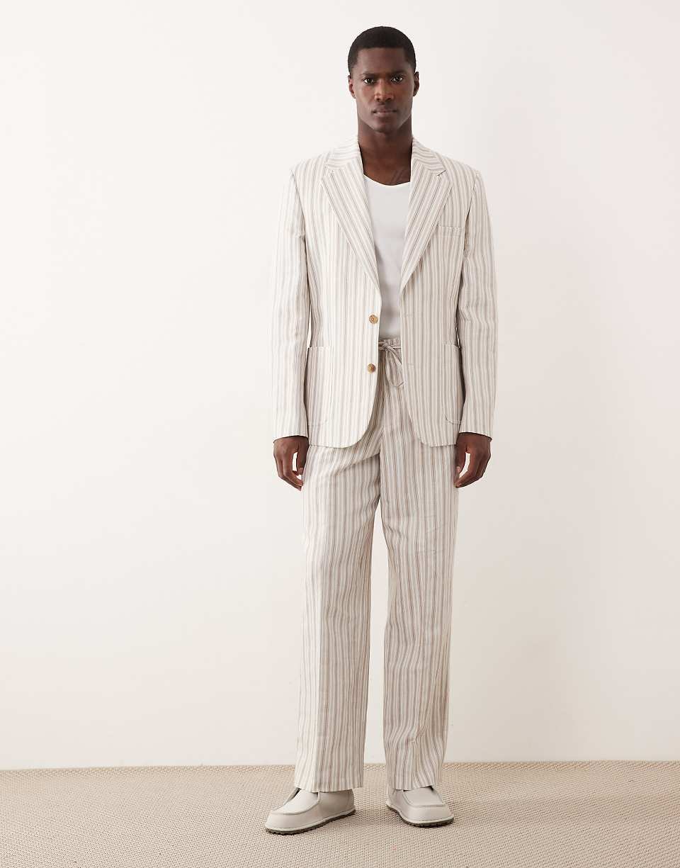 Slim Fit Striped Linen Blend Suit Jacket - Cream