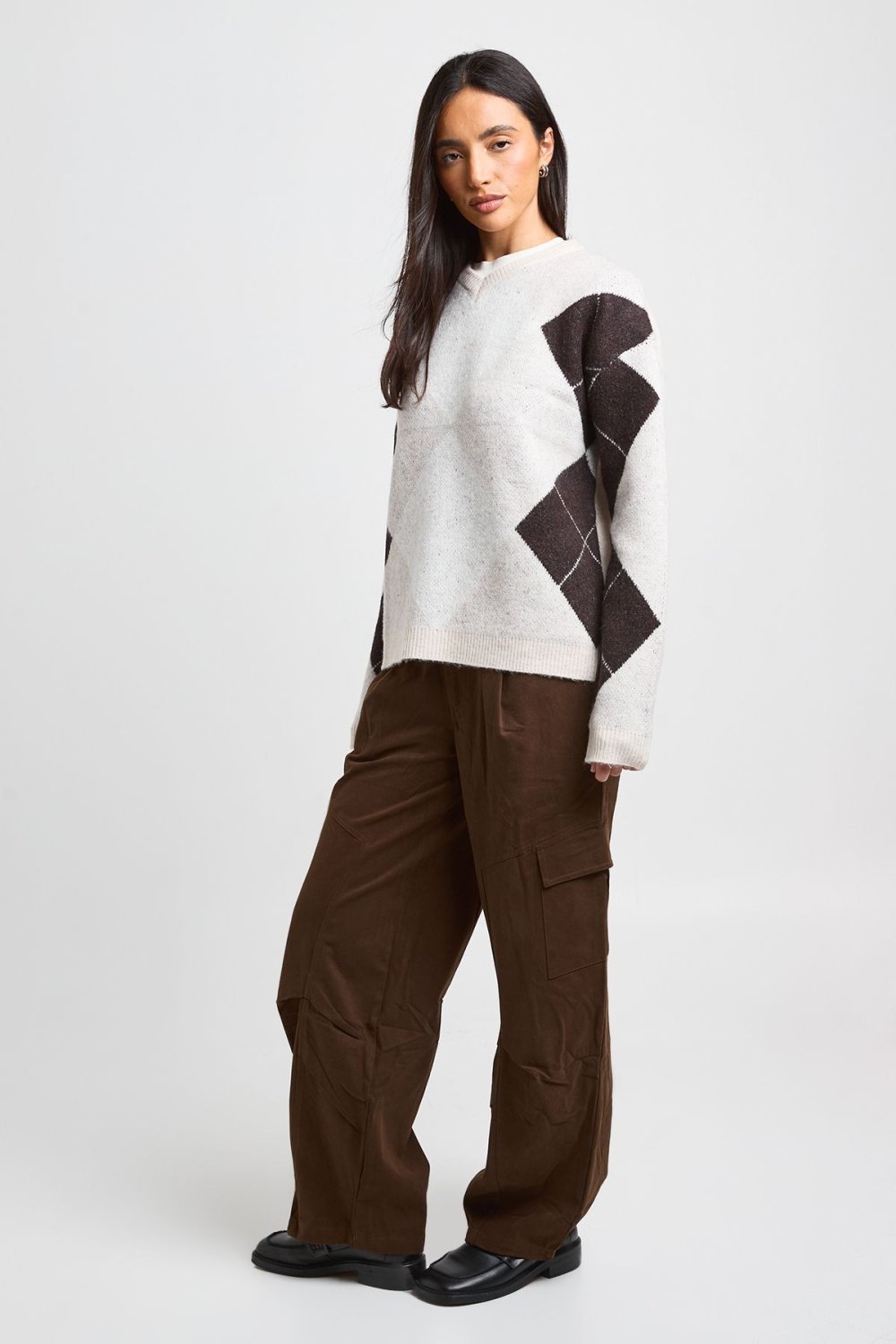 Ecru jumper with large argyle sleeves