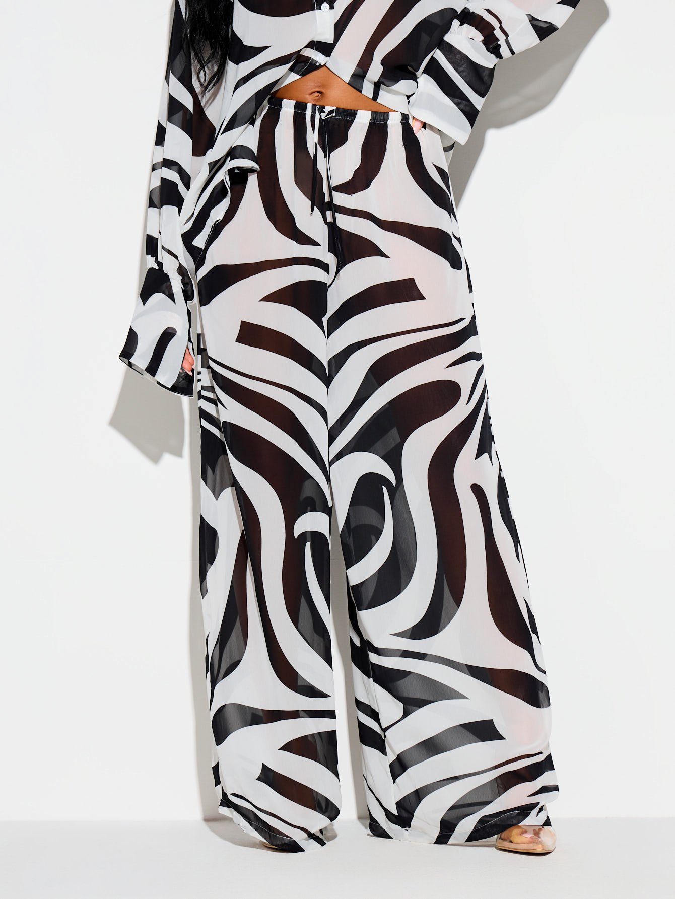 Sheer Wide Leg Summer Palazzo Trousers With Swirl Print