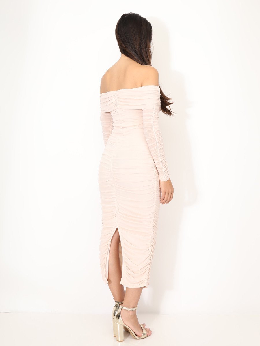 Robe bardot f tulle mfroncé taupe